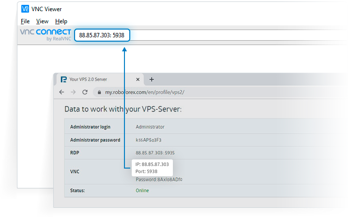 Введите ваш IP адрес и номер порта  VNC